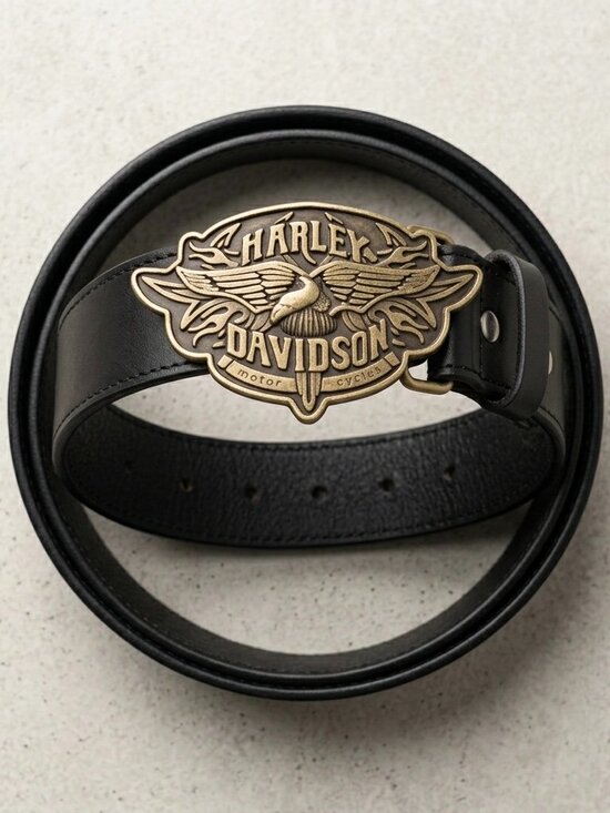 Real Leather Other - Harley-Davidson Genuine Leather Biker Belt Antique Gold Eagle Logo Buckle"